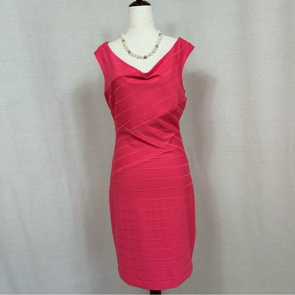 Guess Pink Ribbed Cowl Neck Sheath Midi Dress - Picture 1 of 4